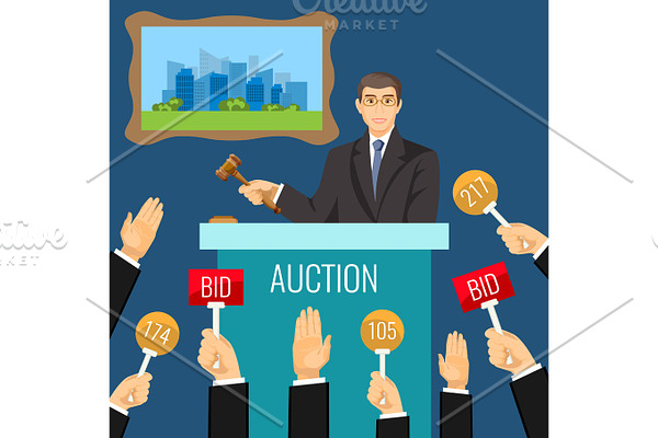 Auction process with man holding wooden gavel behind special stand