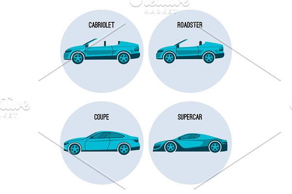 Cabriolet automobile, roadster spider, coupe twodoor car and supercar vector
