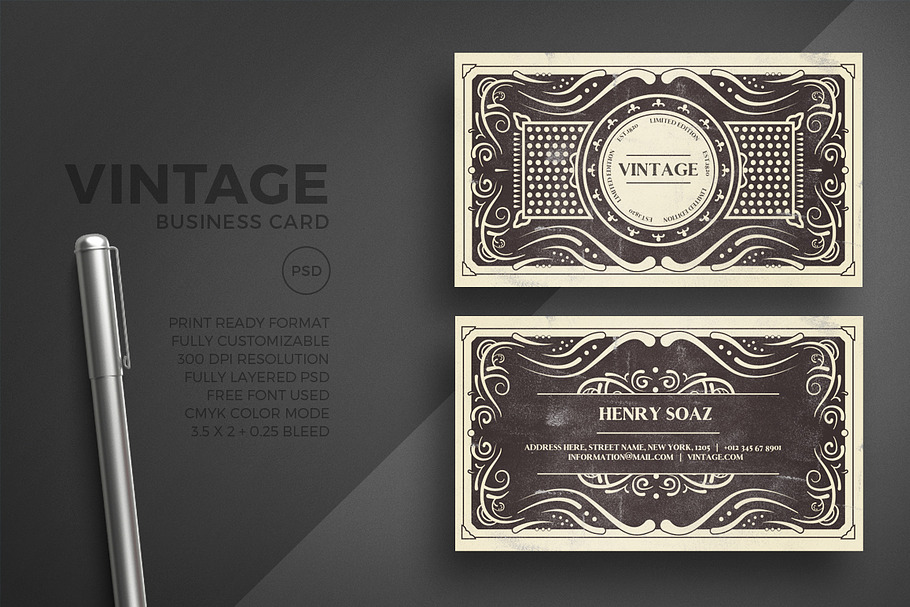 Black vintage business card template in Business Card Templates - product preview 8