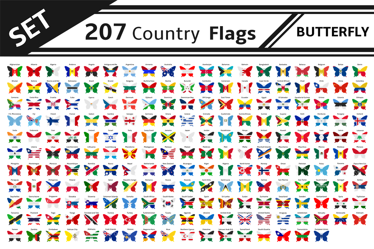 set 207 country flag butterfly in Illustrations - product preview 8