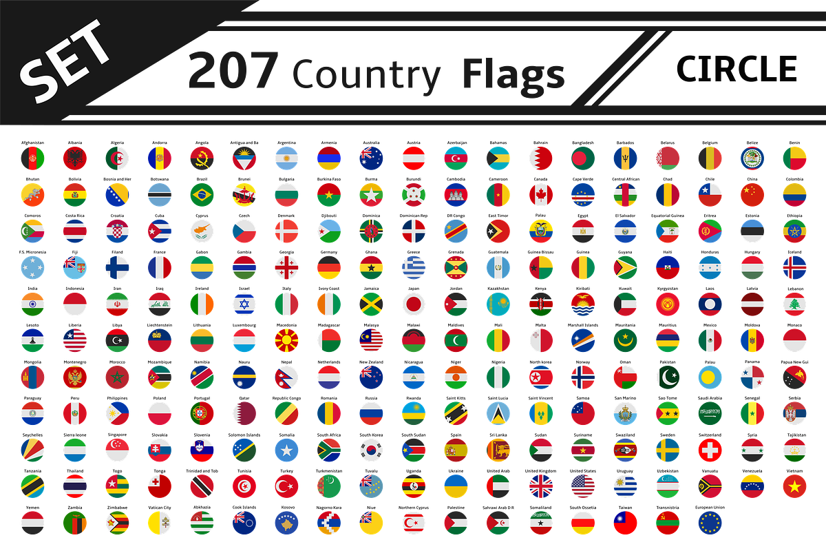set 207 country flag circle in Illustrations - product preview 8