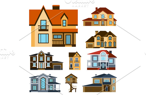 Houses front view vector illustration building architecture home construction estate residential property roof set apartment housing cottage