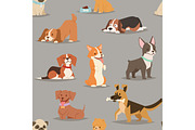 Different dogs breed cute puppy characters seamless pattern