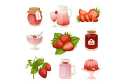 Confectionery desserts strawberry milk cake cupcake pink icon set delicious raw ripe jam and fresh product fruit healthy red berry vector illustration.