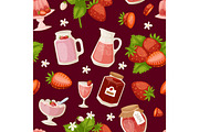 Confectionery desserts strawberry pink icon set delicious raw ripe jam and fresh product fruit healthy red berry seamless pattern, vector illustration.