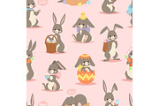 Happy adorable rabbit cartoon character cheerful mammal holiday art hare with basket and cute easter bunny with eggs funny animal vector seamless pattern