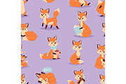 Fox cute adorable character doing different activities funny happy nature red tail and wildlife orange forest animal seamless pattern vector illustration.