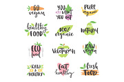 Hand drawn style set of bio organic eco healthy food labels logo templates and vintage vegan elements in green color badge vector illustration.