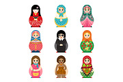 Traditional russian matryoshka toy set with handmade ornament figure pattern with child face and babushka woman souvenir painted doll vector illustration.