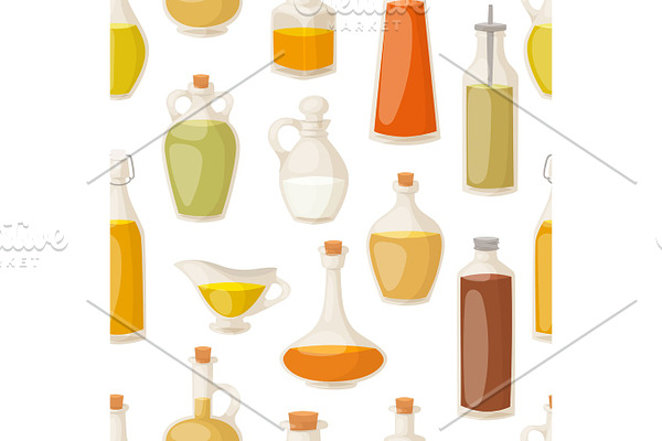 Different food oil in bottles seamless pattern vector