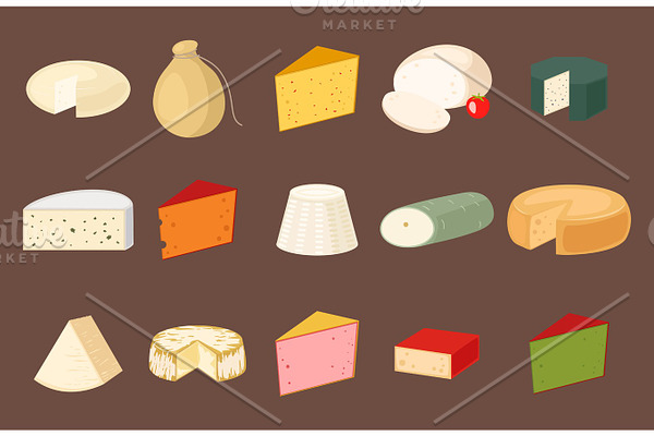 Delicious fresh cheese variety italian dinner icon flat dairy food and milk camembert piece different delicatessen gouda set isolated vector illustration.