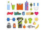 Healthy lifestyle concept with food fitness heart symbol and sport exercise icons medicine wellness fit health care activity vector illustration.