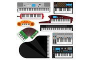 Keyboard musical instruments isolated classical melody studio acoustic shiny musician equipment and orchestra piano composer electronic sound vector.