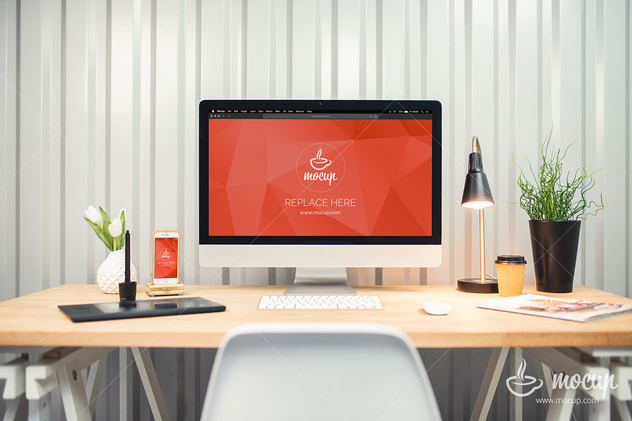 iMac & iPhone Creative Workplace in Mobile & Web Mockups - product preview 8