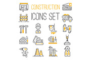 Linear black yellow construction icons set universal web and mobile basic ui elements and worker equipment flat industry tools vector illustration.