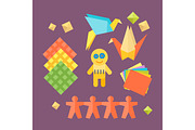 Themed kids origami creativity creation symbols poster in flat style with artistic objects for children art school fest unusual toys network vector illustration.