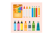 Colored engineering paints and pencils vector illustration simple equipment school supplies subject secretarial tools pastel vertical color education sign.