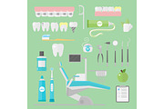 Flat health care dentist symbols research medical tools healthcare system concept and medicine instrument hygiene stomatology engineering vector illustration.