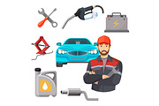 Car service set. Worker near expensive automobile and working tools
