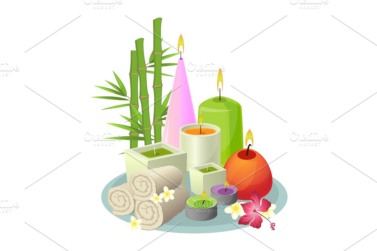 Spa treatments set of white towels, burning candles and plants in Illustrations - product preview 8