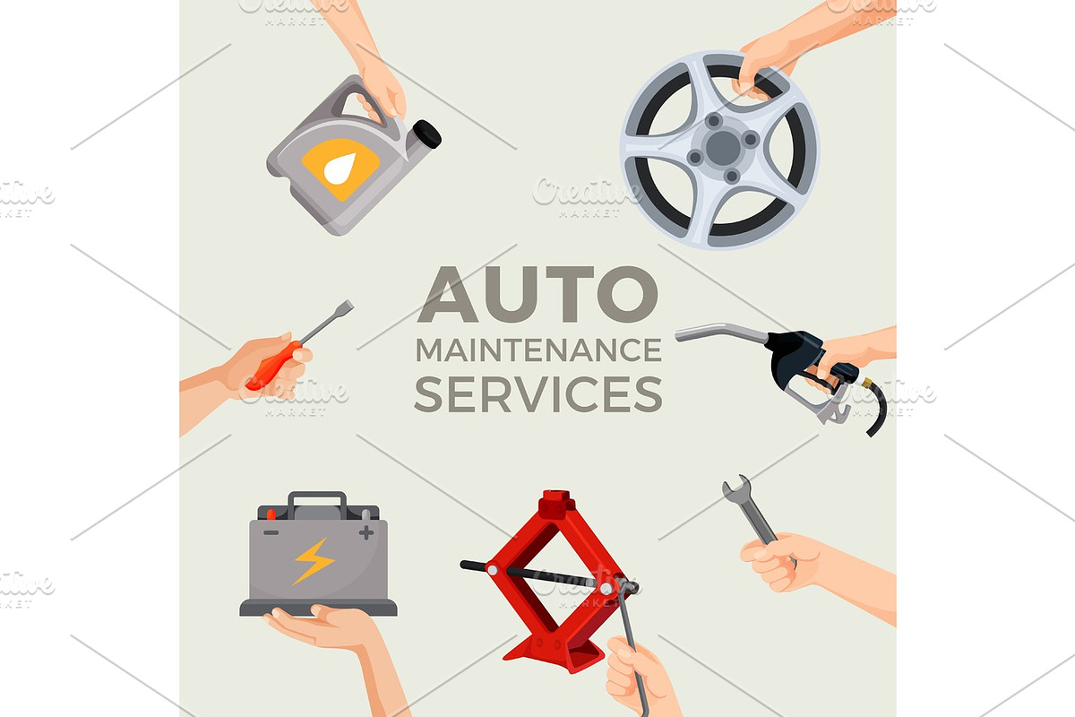Auto maintenance services set with green car in picture centre in Illustrations - product preview 8