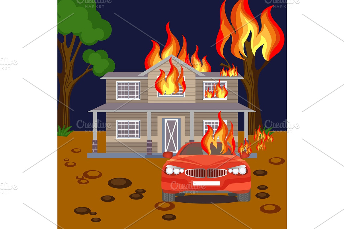 Fire banner reaistic vector. Burning house, red automobile and tree in Illustrations - product preview 8