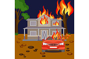 Fire banner reaistic vector. Burning house, red automobile and tree