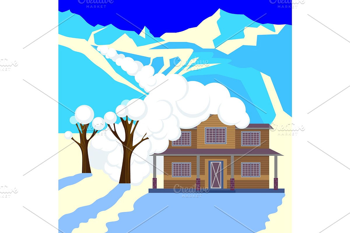 Snow avalanche in mountains covered cottage roof and trees. in Illustrations - product preview 8