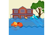 Flood realistic natural disaster vector illustration. Cottage house, car, trees