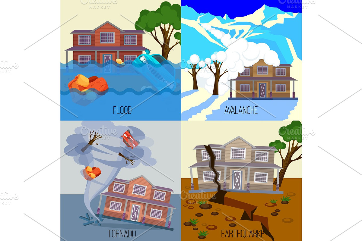 Set of natural disasters banners tornado, earthquake, avalanche, flood in Illustrations - product preview 8