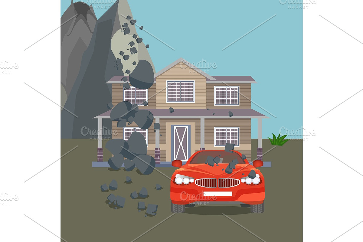 Flood realistic natural disaster vector illustration. Cottage house, car, trees in Illustrations - product preview 8