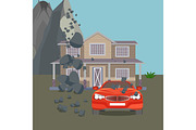 Flood realistic natural disaster vector illustration. Cottage house, car, trees