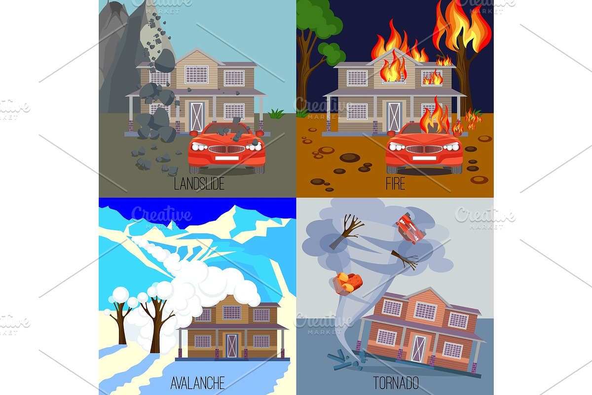 Set of natural disasters banners landslide, fire, avalanche, tornado in Illustrations - product preview 8
