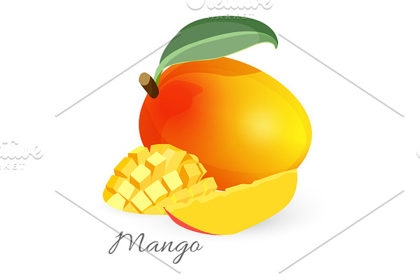 Exotic mango tropical fruit with green leaf sliced and whole