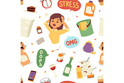 Vector illustration of funny brunette stressed woman seamless pattern vector