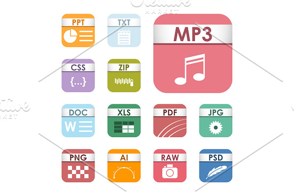Simple square file types formats labels icon set presentation document symbol and audio extension graphic multimedia sign vector illustration.