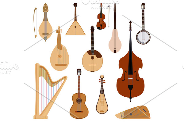 Set of stringed dreamed musical instruments classical orchestra art sound tool and acoustic symphony stringed fiddle wooden equipment vector illustration