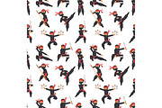 Different poses of ninja fighter in black cloth character warrior sword martial weapon japanese man and karate cartoon person seamless pattern vector.
