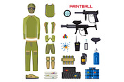 Set of paintball club symbols icons protection uniform and sport game design elements shooting man costume equipment target vector illustration