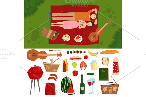 Top view of couple in love lying on picnic plaid barbecue outdoor icons and romantic date people cooking summer food character vector illustration.