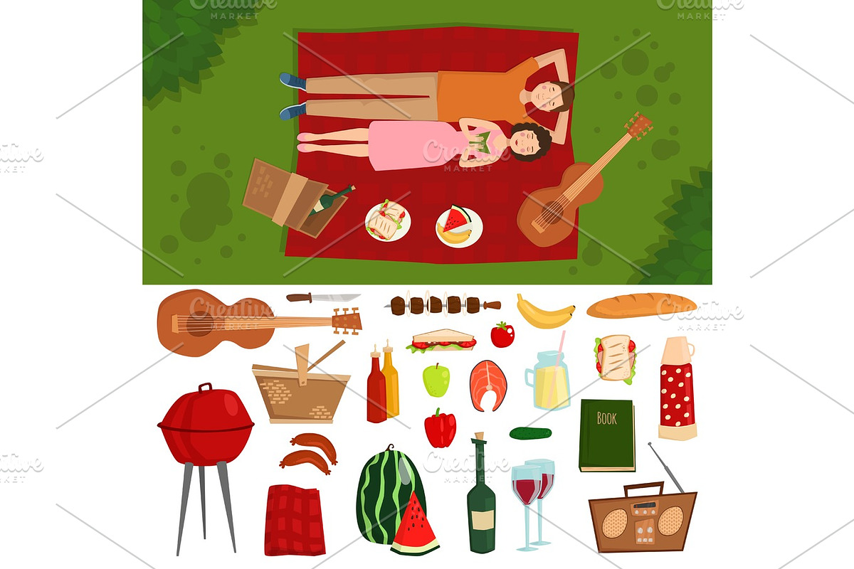 Top view of couple in love lying on picnic plaid barbecue outdoor icons and romantic date people cooking summer food character vector illustration. in Illustrations - product preview 8