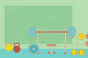 Gym exercise equipment room interior indoor set. Linear stroke outline flat style icons. Monochrome cycle bike power weight lifting gymnastics rings ball wall bars icon collection