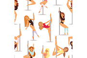 Set of pole dance women cartoon style isolated on white background and young slim beautiful pilon striptease girl seamless pattern vector illustration.