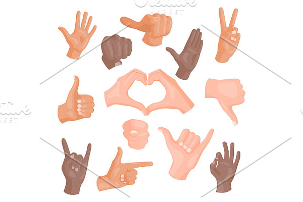Hands showing different gestures isolated on white human arm hold collection communication and direction design fist touch pointing vector illusstration.