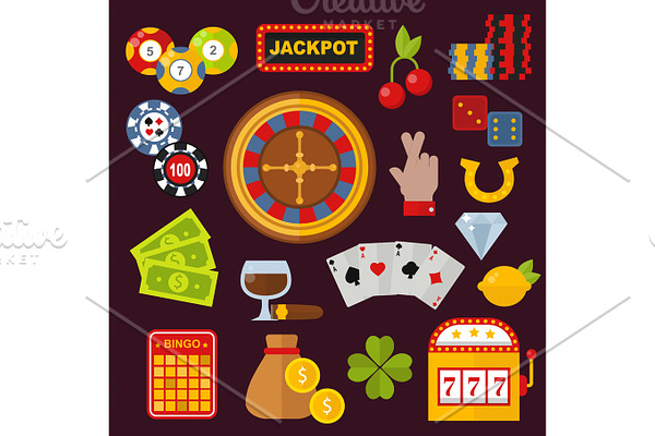 Casino icons set with roulette gambler joker slot machine isolated on white vector illustration.