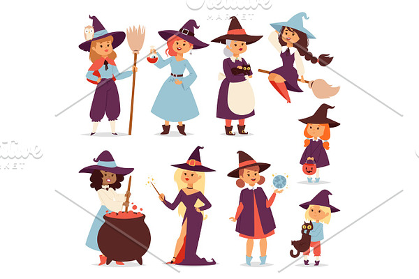 Cute little witch with broom cartoon cat for print on bag magic halloween card and fantasy young girls character in costume hat vector illustration.
