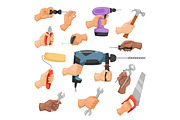 Hands with construction tools vector cartoon style
