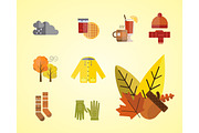 collection of autumn clothes set items the fall acorn leaves tree hat scarf gloves coat raincoat parka socks boots mulled wine vector illustration