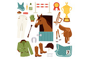 Flat color jockey icons set with equipment for horse riding isolated and horseshoe saddle sport race equestrian stallion barrier vector illustration