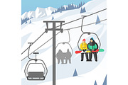 Snowboarder sitting in ski gondola and lift elevators winter sport resort snowboard people rest lifting jump vector illustration mountain